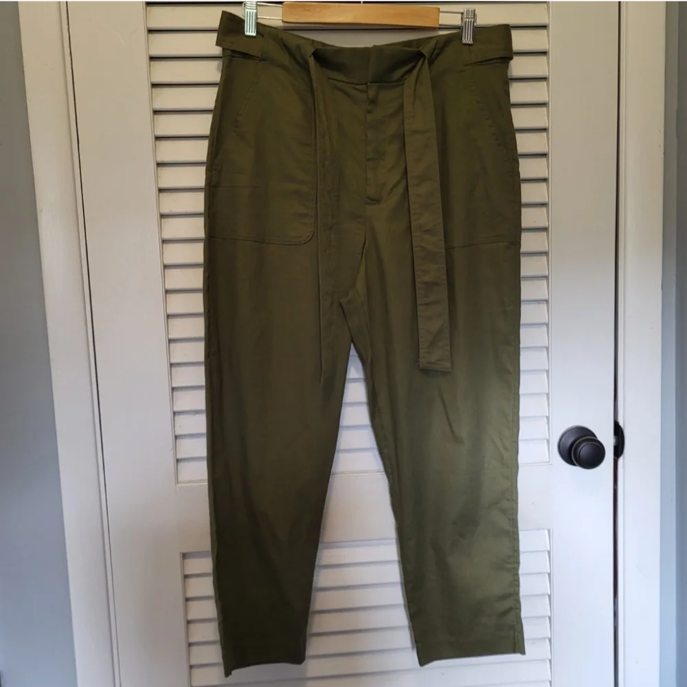Banana Republic women's linen trouser pant 12 Petite olive green tie belt NWT